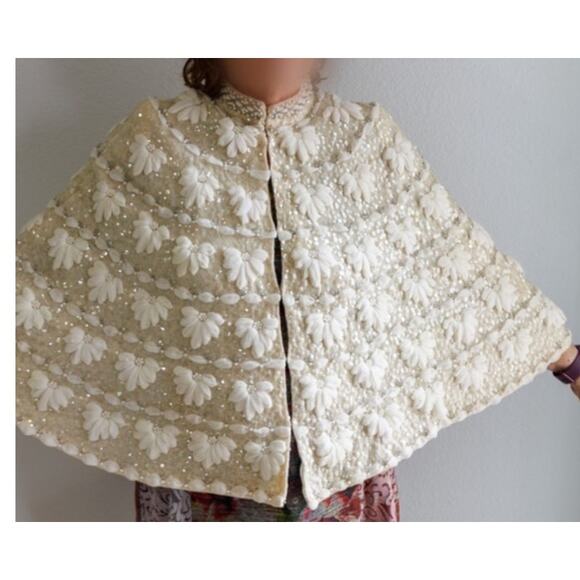 Custom Cape Soft White Beads Seed Pearls Sequins Silk Size Large Bridal Elegant - Picture 2 of 12
